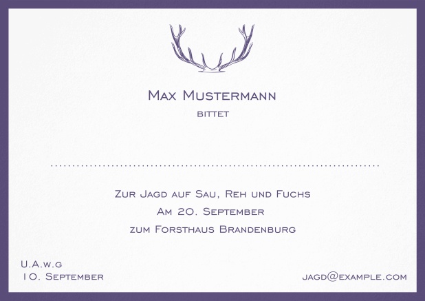 Classic hunting invitation card with strong antlers and a fine border in various colors. Purple.