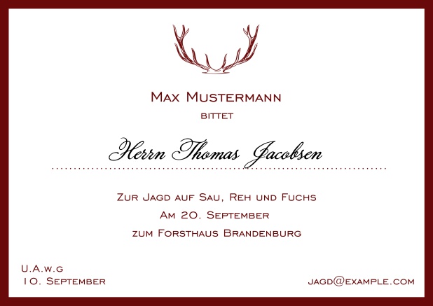 Online Classic hunting invitation card with strong antlers and a fine border in various colors. Red.