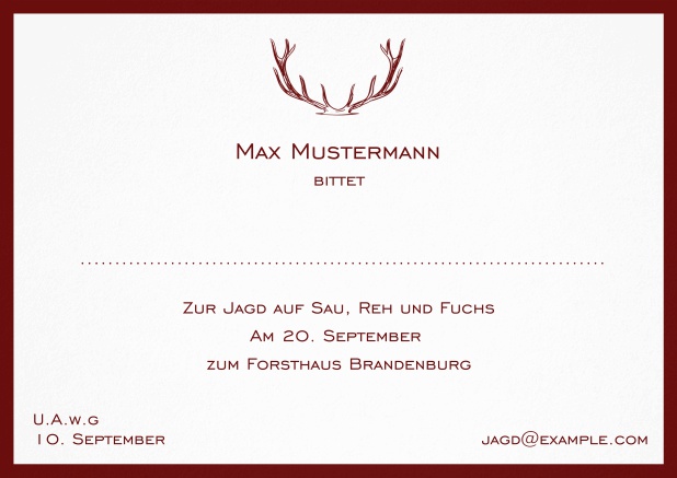 Jagdeinladungskarte mit starkem Hirschgeweih und elegantem Rand in verschiedenen Farben. Rot.