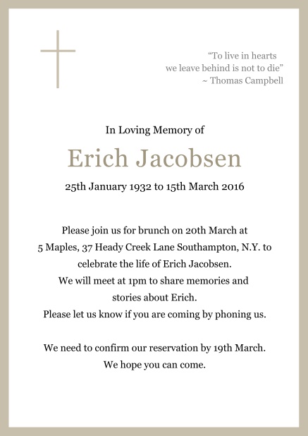 Online Classic Memorial invitation card with black frame and Cross top left. Beige.