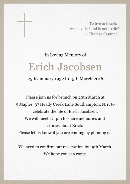 Classic Memorial invitation card with black frame and Cross top left. Beige.