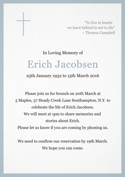 Classic Memorial invitation card with black frame and Cross top left. Blue.