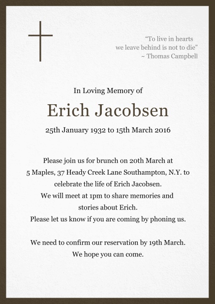 Classic Memorial invitation card with black frame and Cross top left. Brown.