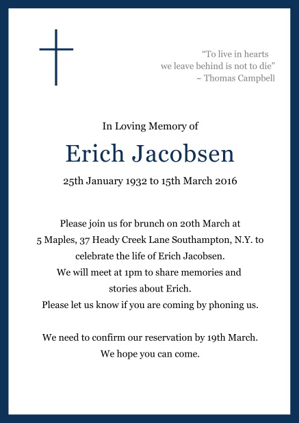 Online Classic Memorial invitation card with black frame and Cross top left. Navy.
