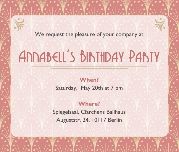 Online Invitation card with Art Deco design shining through the text section in the favorite color. Pink.