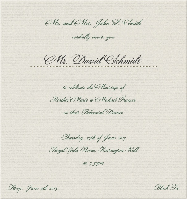 Papierfarbige, klassisch-formale Einladungskarte.