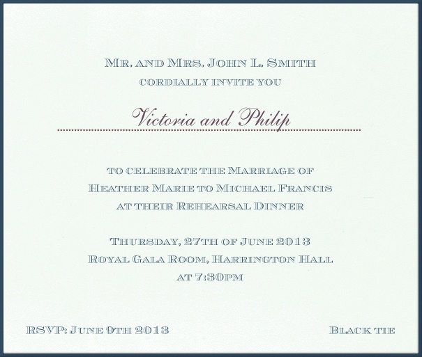 Weiße, formale Einladungskarte mit blauem Rahmen.