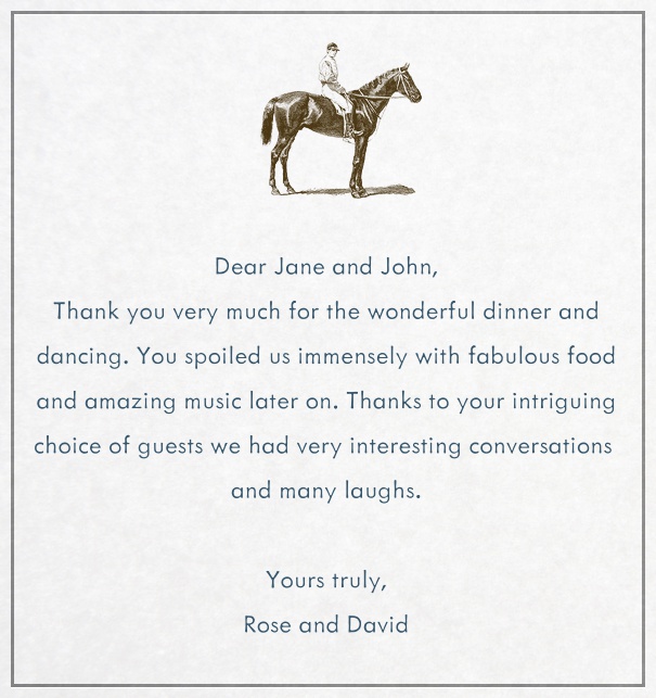 Online Kartenvorlage gestaltet von Bel'Invito mit Pferd und Reiter oben mittig und gestaltetem Text zum Anpassen.