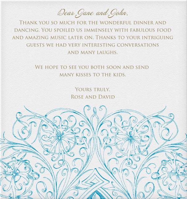 Klassische Hochzeitskarte online mit kunstvollem blauen Design.