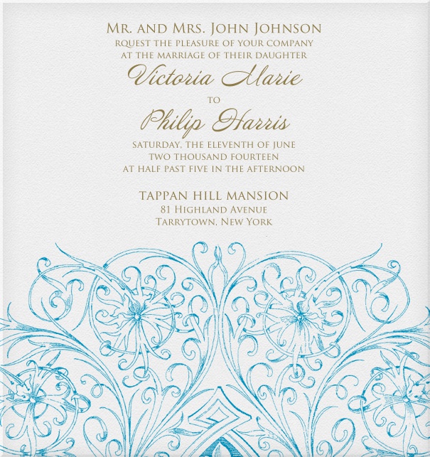 Formal Wedding Invitation template with blue floral design on bottom.