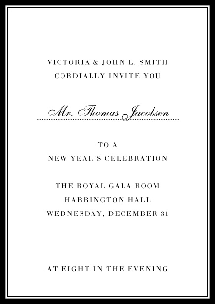 Invitation card with golden, grey frame with dotted line for name of recipient. Black.