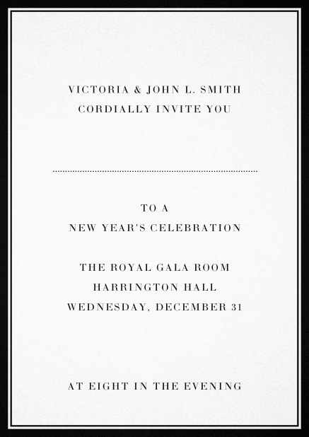 Invitation card with double lined frame and dotted line for name of recipient. Black.