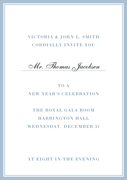 Invitation card with golden, grey frame with dotted line for name of recipient. Blue.