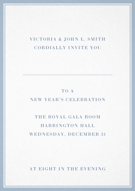 Invitation card with double lined frame and dotted line for name of recipient. Blue.