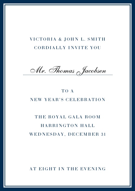 Invitation card with golden, grey frame with dotted line for name of recipient. Navy.
