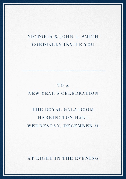 Invitation card with double lined frame and dotted line for name of recipient. Navy.
