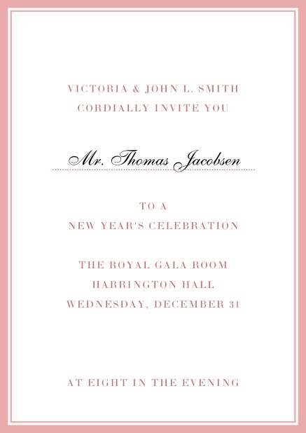 Invitation card with golden, grey frame with dotted line for name of recipient. Pink.