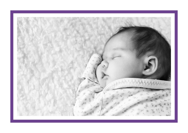 Online Birth announcement with photo box and blue frame. Purple.