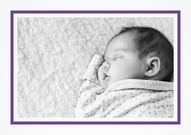 Birth announcement with photo box, blue frame and 2nd page for customizable text. Purple.