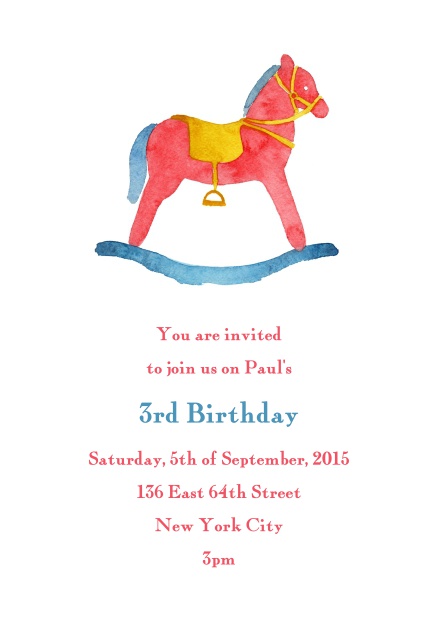 Online Birth announcement or Birthday invitation card with colorful rocking horse.