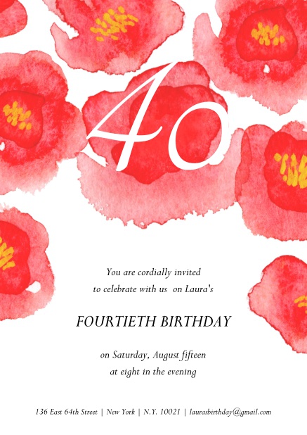 Online Invitation with big, red flowers on top for 40th birthday.