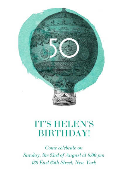 Online 50th Birthday invitation card with a hot air balloon and editable text.