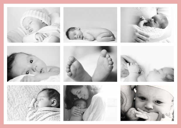 Online Birth announcement card with delicate frame in many colors with 9 photo fields on the front of four designed pages.