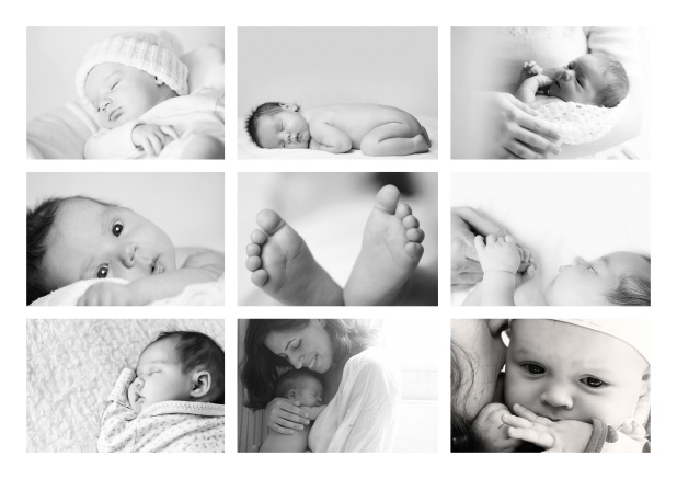 Online Birth announcement card with delicate frame in many colors with 9 photo fields on the front of four designed pages. White.