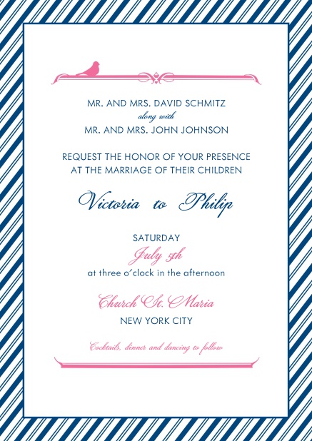 Online wedding invitation card with light and dark blue striped frame.
