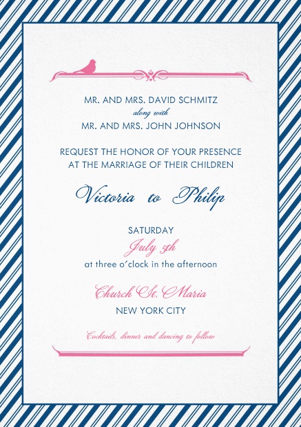 Wedding invitation card with light and dark blue striped frame.