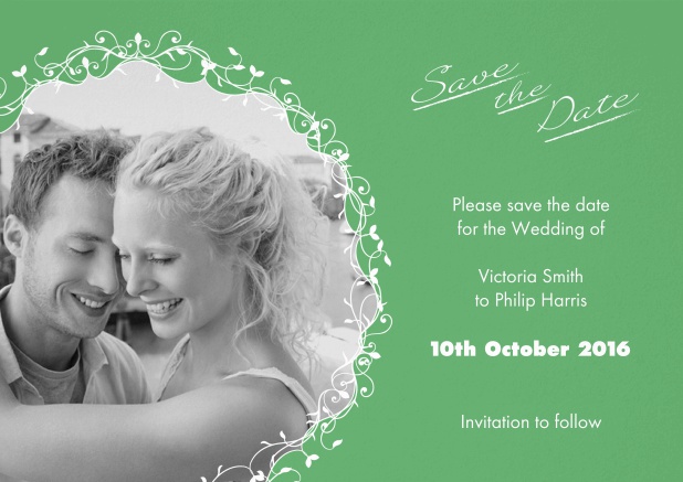 Green wedding save the date card with photo
