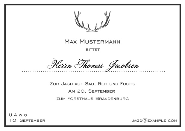 Online Classic hunting invitation card with strong antlers and an elegant thin line frame in various colors. Black.