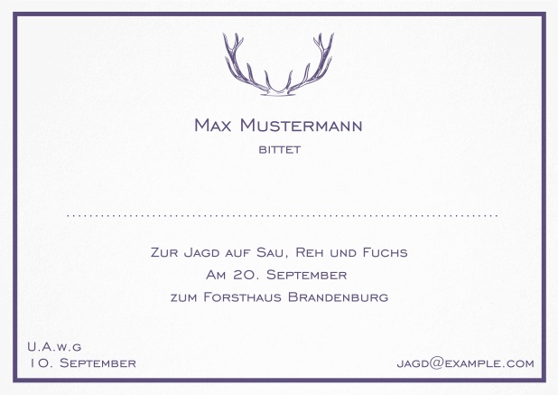 Classic hunting invitation card with strong antlers and an elegant thin line frame in various colors.