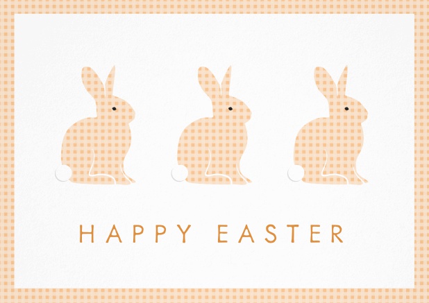 Wish Happy Easter with this beau Easter card with three Easter Bunnies. Orange.