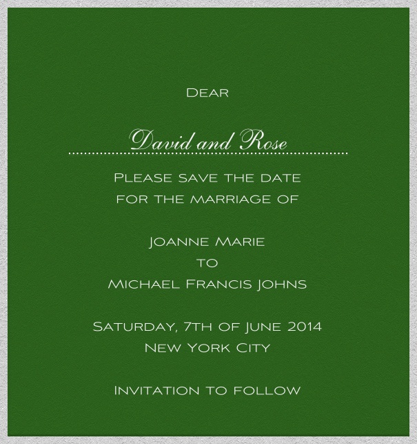 Grüne Hochzeits Save the Date Karte in Hochkant mit weißem Rand und persönlicher Anrede des Gastes.