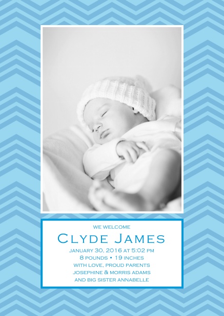Online Birth annoucement with colorful frame with waves, photo and editable text.
