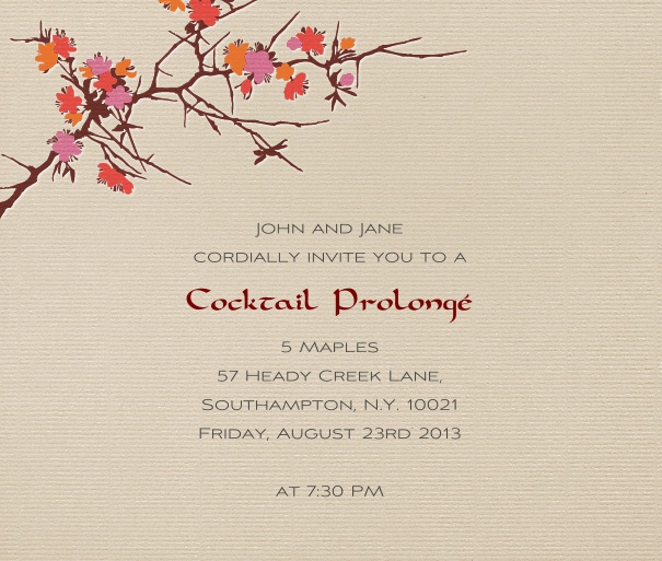Square Seasonal Brown fall cocktail party invitation template with branches and leaves.