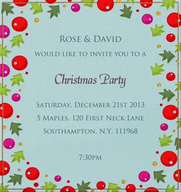 Green Christmas high format invitation card with Christmas decoration around the card. Including designed text in yellow and blue to match the card.