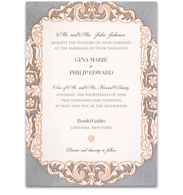 Formal Wedding Invitation with lavender and pink artwork frame and purple font.