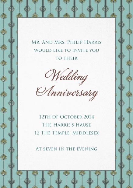 Wedding anniversary invitation card with art nouveau style frame and editable text.