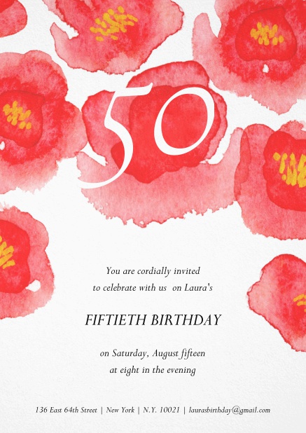 Invitation with big, red flowers on top for 50th birthday.