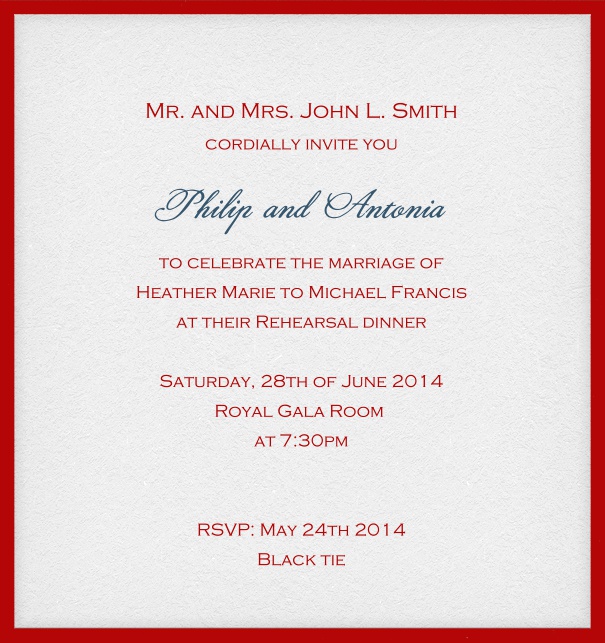 Online invitation card with customizable frame and text. Red.
