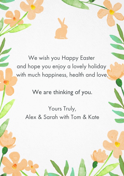 Send best wishes for Easter with this lovely Easter card with Easter Bunny and spring flowers Orange.