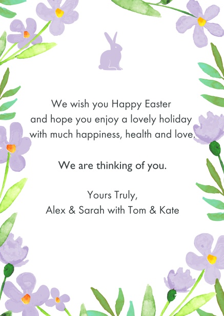 Send virtual best wishes for Easter with this lovely Easter card with Easter Bunny and spring flowers Purple.