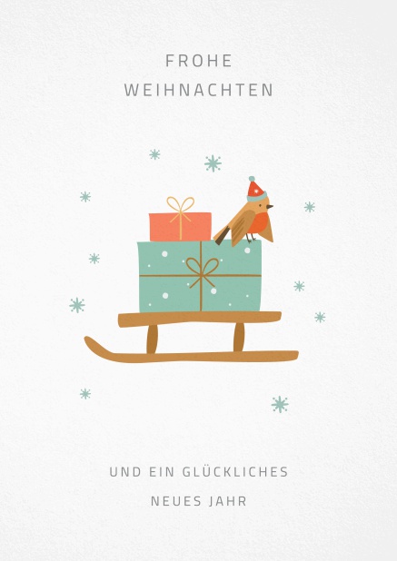 Weihnachtskarte mit illustriertem Schlitten mit Geschenken