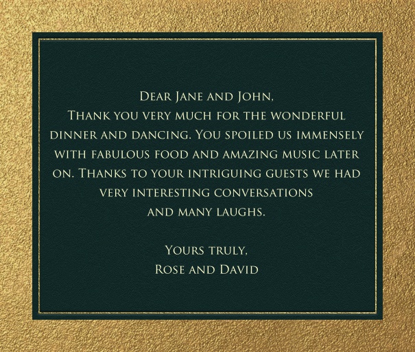 Online classic correspondence card with gold inner border and wide outer frame.