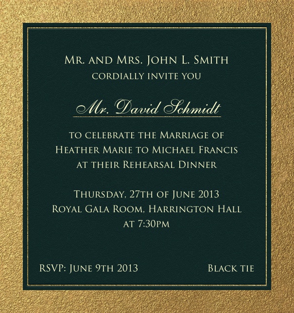 Black, classic Party Invitation with gold border.