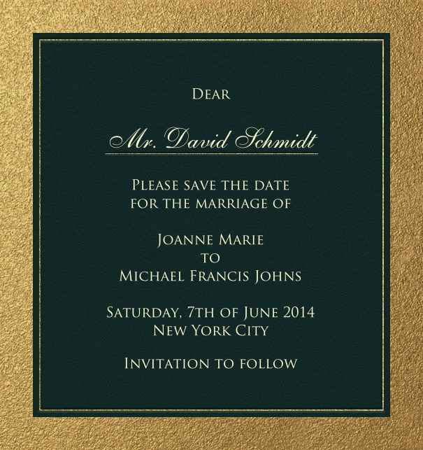 High Black Formal Cocktail Party Save the Date Card with Gold Border.